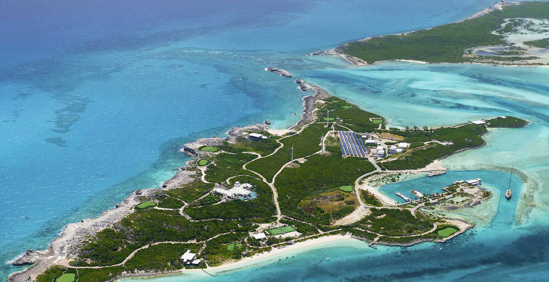 aerial photo of island with microgrid energy storage