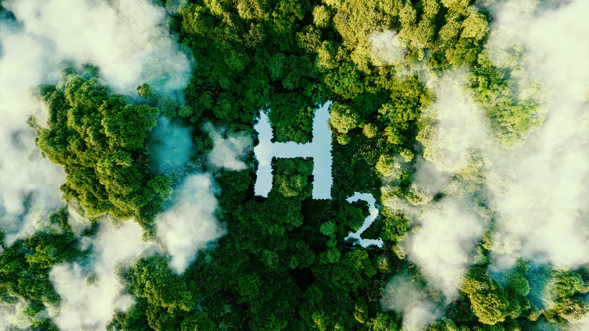 "h2" formed out of water surrounded by trees and clouds