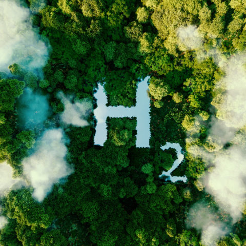 "h2" formed out of water surrounded by trees and clouds