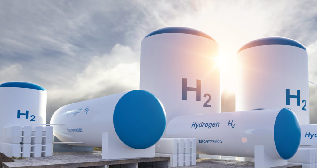 Hydrogen H2 white tanks, zero emission, sunset