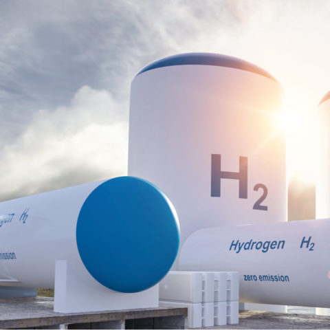Hydrogen H2 white tanks, zero emission, sunset