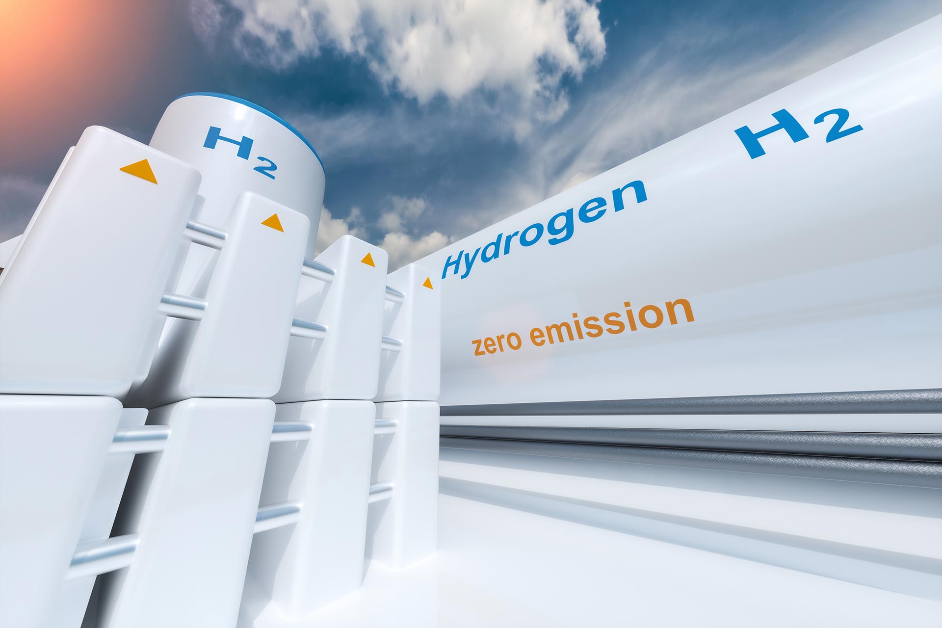 large white tanks for hydrogen production that read "H2 zero emission"