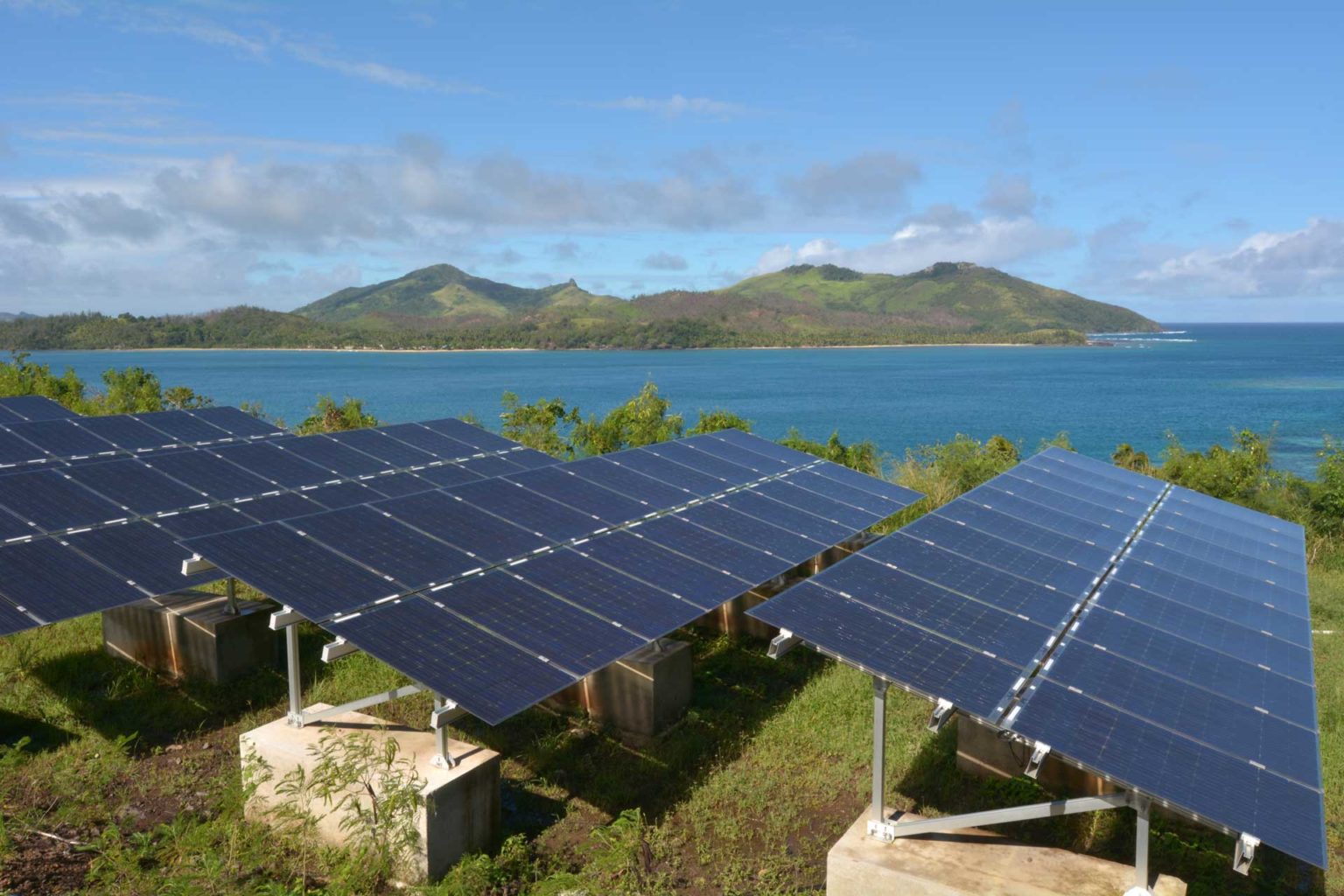 Solar array next to ocean on remote island