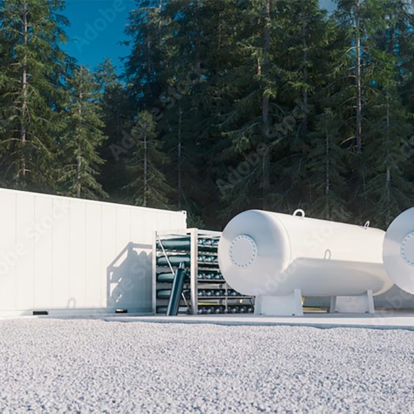 two large white tanks used for hydrogen production outdoors