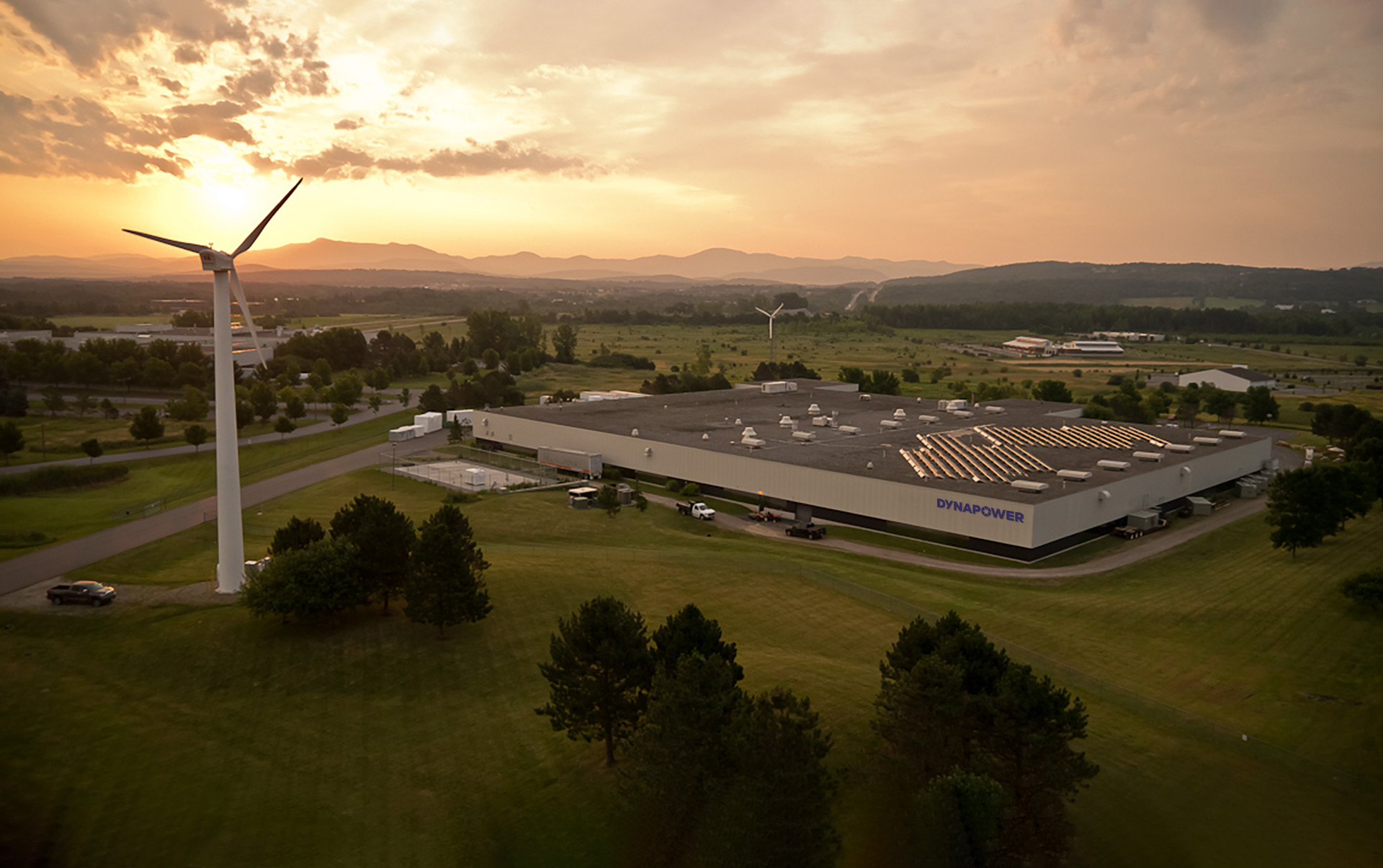 aerial view of Dynapower campus at sunset