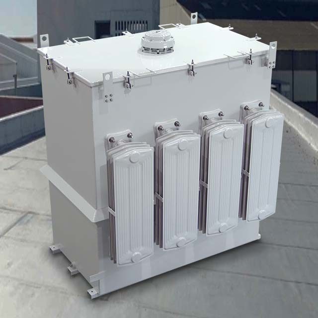 Dynapower oil type oil immersed transformer sitting on a rooftop