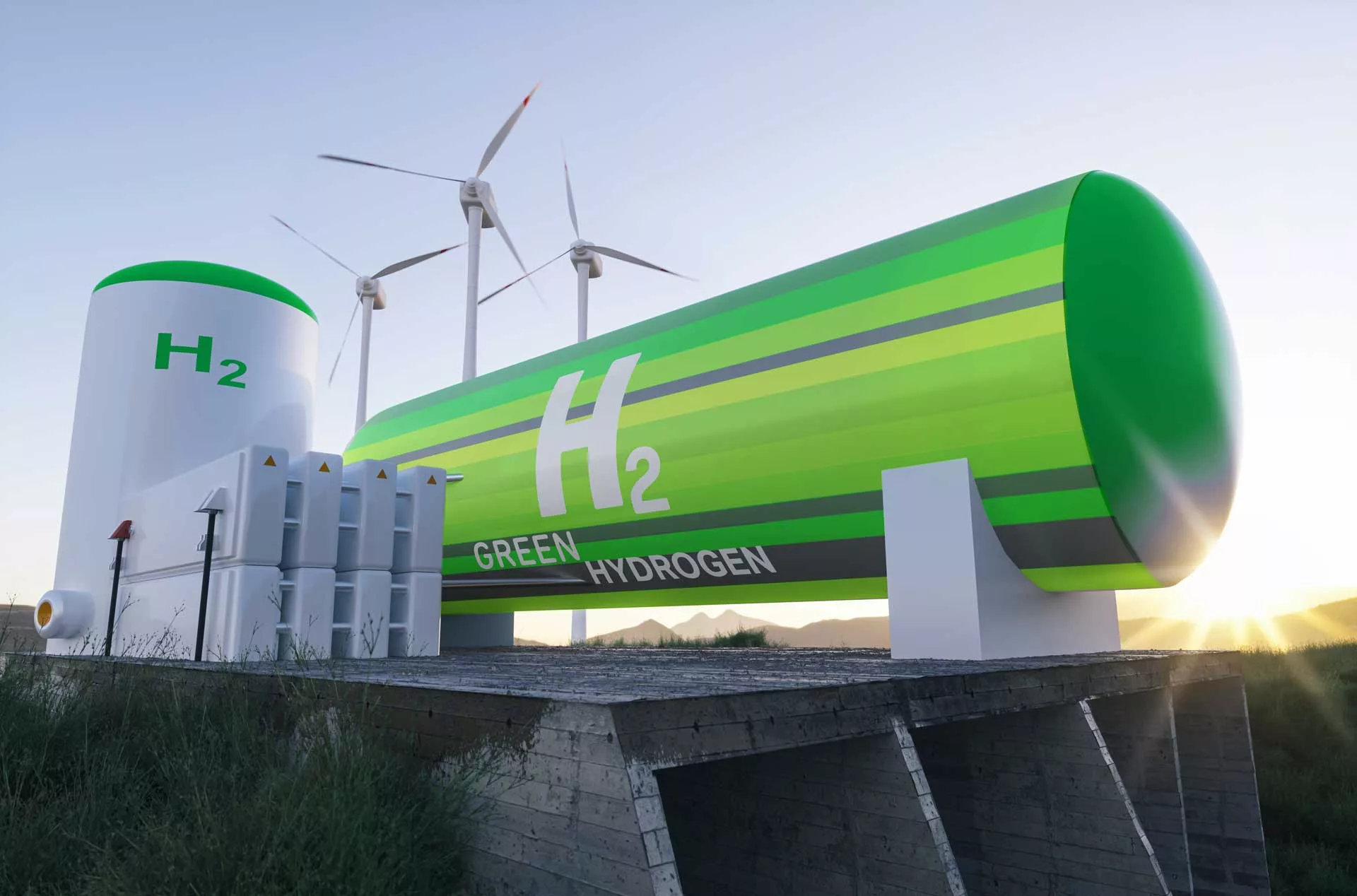 green hydrogen tank that reads "H2" sits next to wind turbines and solar panels
